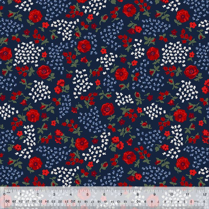 Sabrina - per yard - by Whistler Studios for Windham Fabrics - Patriotic Floral - Small floral on Indigo - Flower Bed - 53479-2-Yardage - on the bolt-RebsFabStash