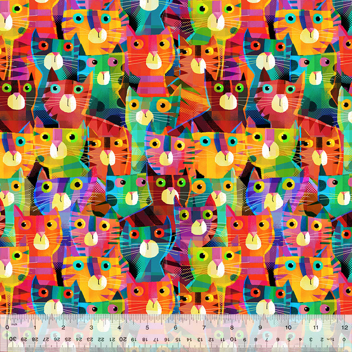 New! Catsville - Clutter Cats Rainbow - Per Yard - By Gareth Lucas for Windham Fabrics - 53483D-4, Cat Fabric