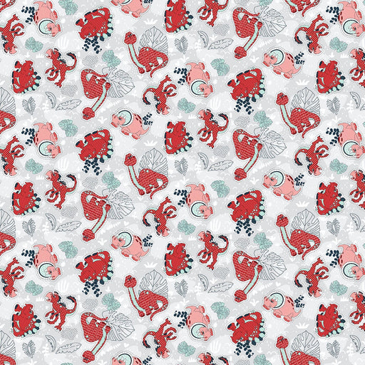 New! Born to Roar - Pink and Red Dino - Light Gray - per yard - by Leanne Anderson & Kaytlyn Kubler for Henry Glass - 582-91 Light Gray-Yardage - on the bolt-RebsFabStash