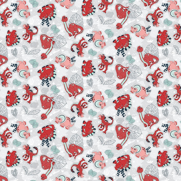 New! Born to Roar - Pink and Red Dino - Light Gray - per yard - by Leanne Anderson & Kaytlyn Kubler for Henry Glass - 582-91 Light Gray-Yardage - on the bolt-RebsFabStash