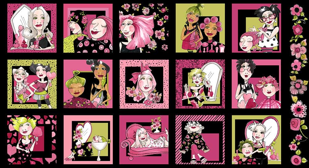 Tossed Lookers - Salon Fabric - per yard - Loralie Harris Designs - Poses, Pink, Women, Floral, Beauty - Black - 692-253
