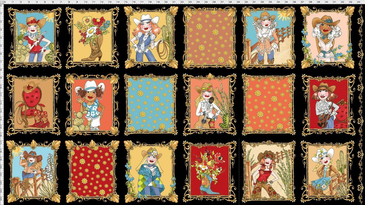 Whoa Girl! - PANEL - Loralie Harris Designs - Per Panel - New collection by Loralie! Cowgirl, boots, ropes, yee haw! Panel blocks on Turquoise Blue