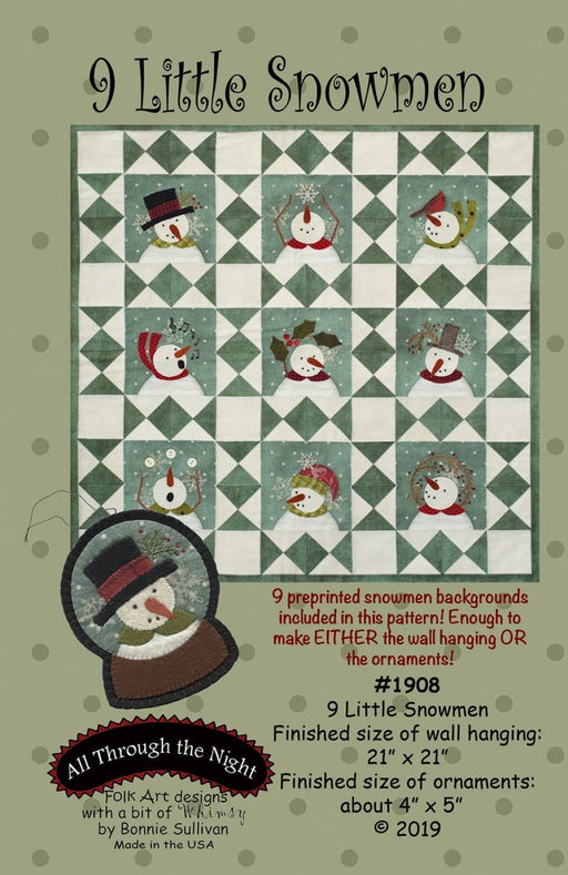 9 Little Snowman - Preprinted embroidery applique pattern - Bonnie Sullivan - Flannel or Wool - All Through the Night - Primitive - RebsFabStash