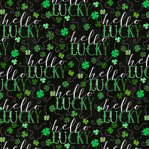 Hello Lucky - Word Print - Per yard - By Andrea Tachiera for Henry Glass - SEW CUTE! - St. Patrick's Day - Black/Green - 9738-69-Yardage - on the bolt-RebsFabStash