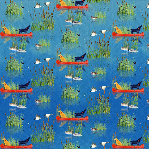 NEW! Dockside - Canoes and Dogs in Lake - Per Yard - by Barb Tourtillotte for Henry Glass - Blue - 9771-77-Yardage - on the bolt-RebsFabStash