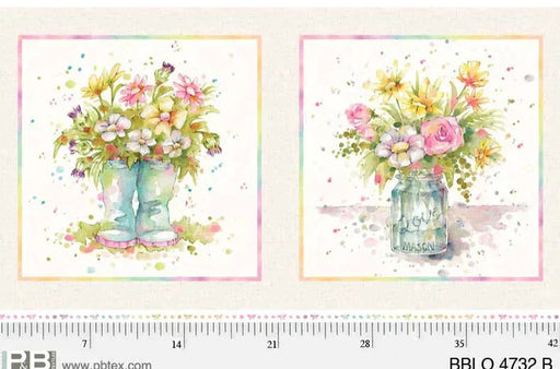 Boots and Blooms - Sillier than Sally Designs - Pillow Panel - per 24" panel - by P&B Textiles - Pillow Panel - Mason Jar and Rainboots 04732-Yardage - on the bolt-RebsFabStash