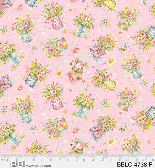 Boots and Blooms - Sillier than Sally Designs - running yardage - per yard - by P&B Textiles - Tossed Bouquets on Pink - Spring Bouquets- BBLO-4738 -P-Yardage - on the bolt-RebsFabStash