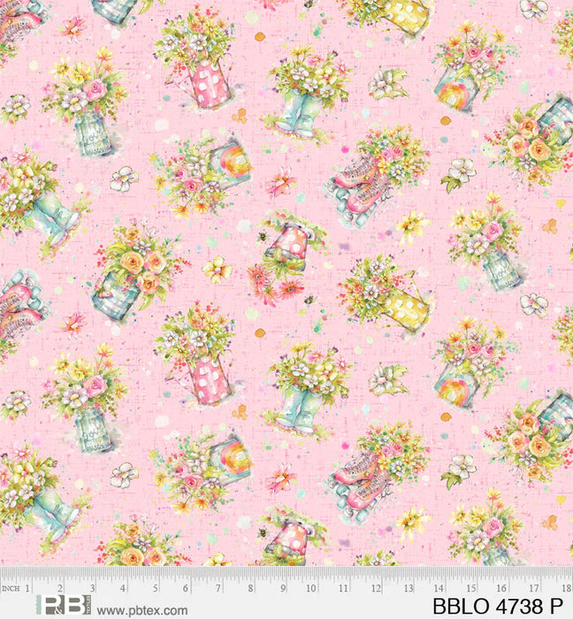 Boots and Blooms - Sillier than Sally Designs - running yardage - per yard - by P&B Textiles - Tossed Bouquets on Pink - Spring Bouquets- BBLO-4738 -P-Yardage - on the bolt-RebsFabStash