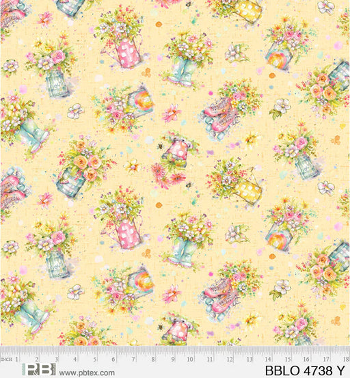 Boots and Blooms - Sillier than Sally Designs - running yardage - per yard - by P&B Textiles - Tossed Bouquets on Yellow - Spring Bouquets- BBLO-4738 -Y-Yardage - on the bolt-RebsFabStash