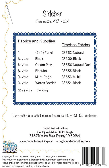 Sidebar - Quilt KIT - Pattern by Bound to Be Quilting - Features I Love My Dog fabric by Timeless Treasures - Pawprints, Dog Bones, Sayings