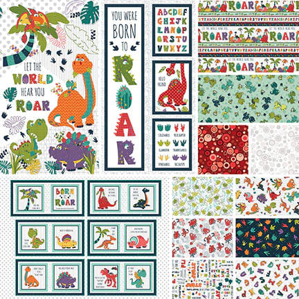 New! Born to Roar - Pink and Red Dino - Light Gray - per yard - by Leanne Anderson & Kaytlyn Kubler for Henry Glass - 582-91 Light Gray