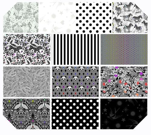 Linework - Layer Cake - 10" Squares - Stacker - by Tula Pink for Free Spirit Fabrics - Black, White, Teal, Animal Sketches - FB610TP