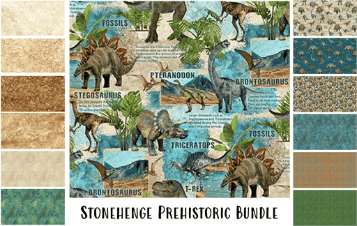 NEW! Stonehenge Prehistoric World - Dinosaurs - PROMO Fat Quarter Bundle (12) PLUS 36" Block Print! - Linda Ludovico for Northcott-Fat Quarters/F8s/Bundles-RebsFabStash