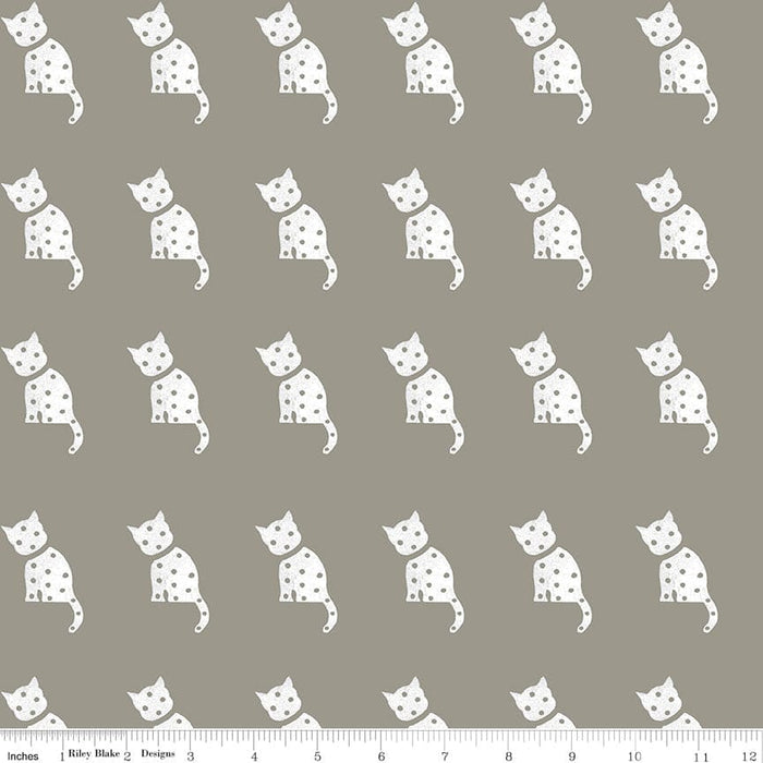 Old Made - Cat Stamp - White - Per Yard - by Janet Wecker Frisch for Riley Blake Designs - Halloween, Old Maid - C10599 WHITE