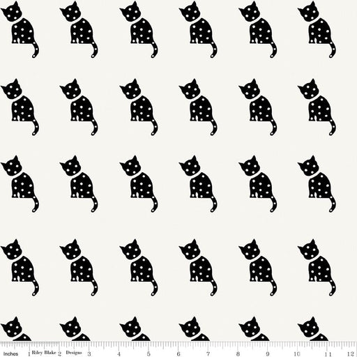 Old Made - Cat Stamp - White - Per Yard - by Janet Wecker Frisch for Riley Blake Designs - Halloween, Old Maid - C10599 WHITE-Yardage - on the bolt-RebsFabStash