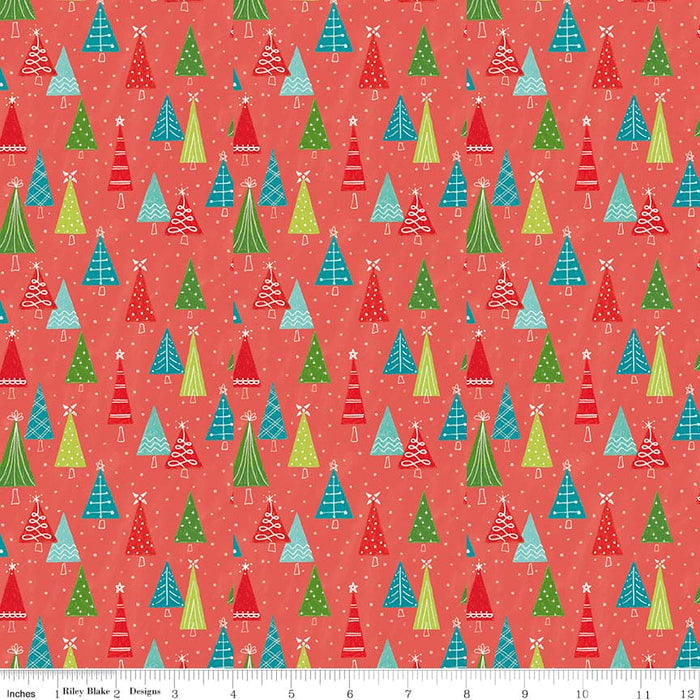Snowed In - Coral Snowed In Trees - per yard - by Heather Peterson - for Riley Blake Designs - Christmas, Snowmen, Winter - C10814-CORAL-Yardage - on the bolt-RebsFabStash