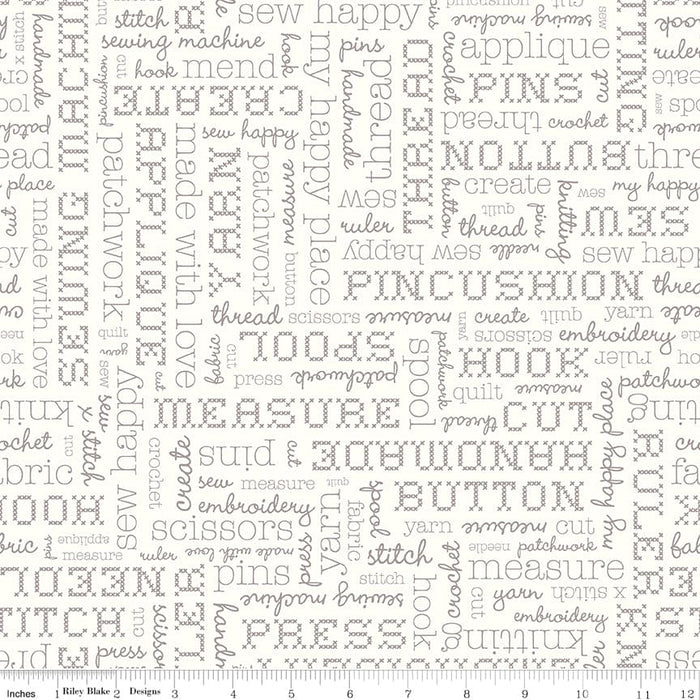 Stitch Fabric Collection by Lori Holt Gray Text on White Background at RebsFabStash
