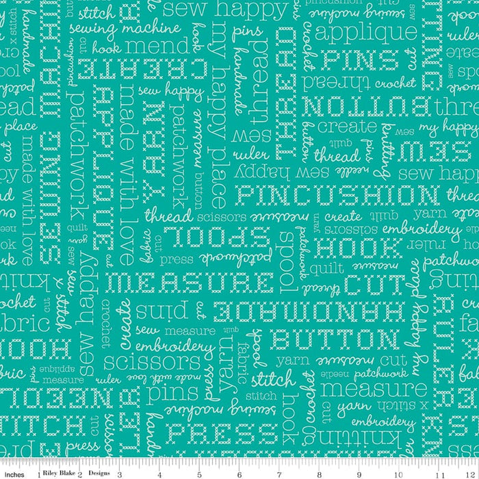 Stitch Fabric Collection by Lori Holt White Texts on Green Background at RebsFabStash