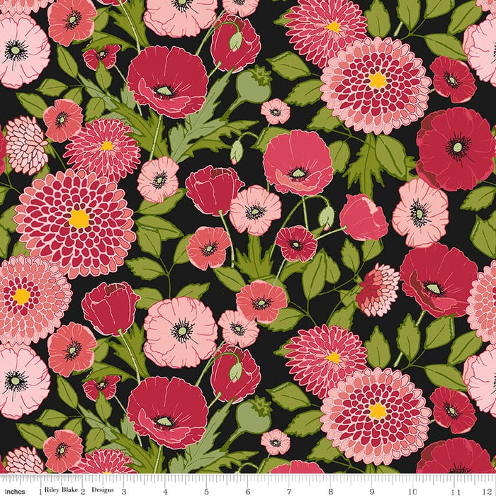 Petals & Pedals - Main Print - Black - per yard - by Jill Finley for Riley Blake Designs - Poppies, Floral - C11140 BLACK-Yardage - on the bolt-RebsFabStash