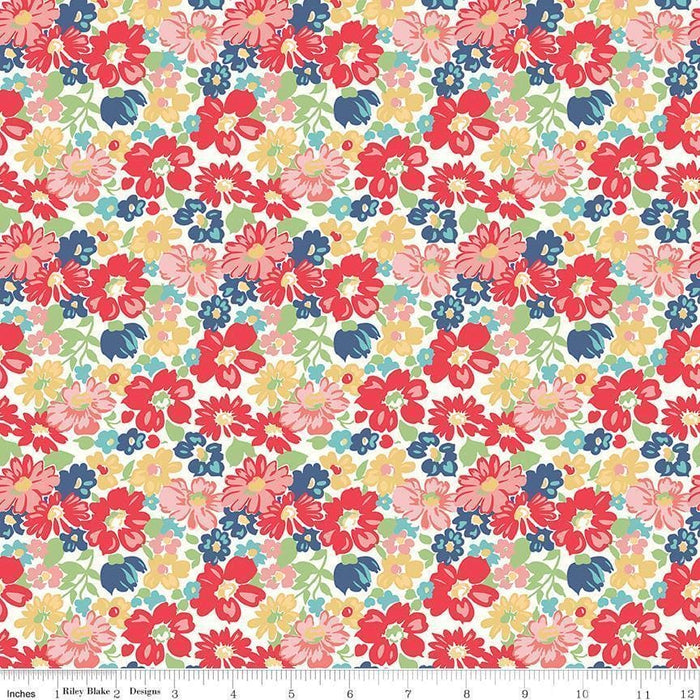 Lori Holt Vintage Happy 2 Fabric -Per Yard -Riley Blake - WIDE BACK 108" wide Blossom on CORAL WB9136