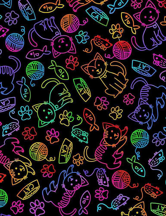 Rainbow Pets - Cat And Mouse Rainbow Outline - Per Yard - by Timeless Treasures - Cats, Outlines - CAT-C7037 BRIGHT