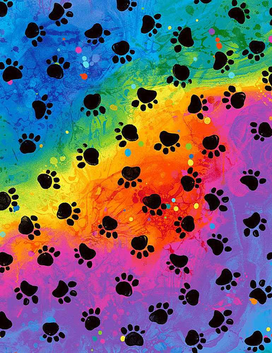 Rainbow Pets - Bright Rainbow Paws - Per Yard - by Chong-A Hwang for Timeless Treasures - PAW-CD8807 BLACK