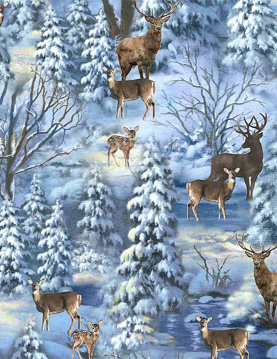 Winter's Peace - Twilight Christmas Forest - Per Yard - by Timeless Treasures - Deer, Wildlife - Blue - CORBERT C8663