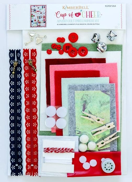 Cup of Cheer Advent Quilt | Embellishment Kit | Zippers | Bells | Buttons | Felt | Red | Pink | White | Green | Kim Christopherson | Kimberbell | Maywood Studio | RebsFabStash