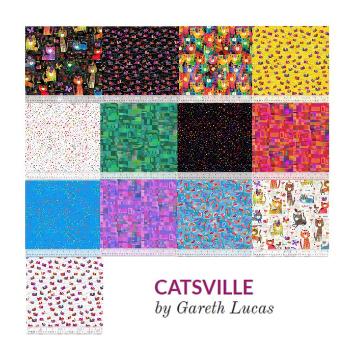 New! Catsville - Clutter Cats Rainbow - Per Yard - By Gareth Lucas for Windham Fabrics - 53483D-4, cat fabric