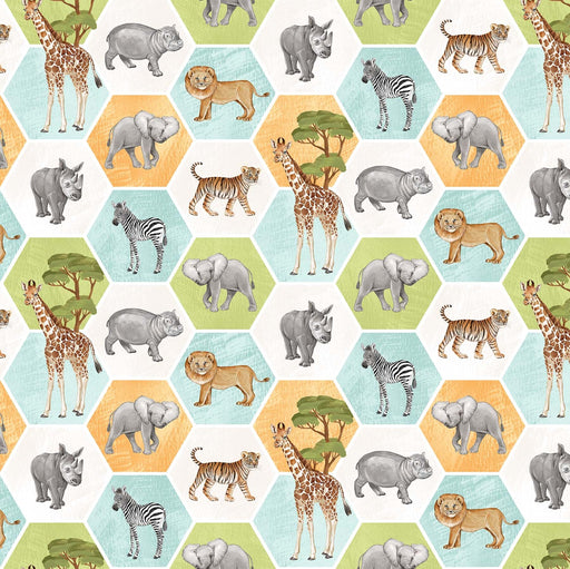 NEW! Baby Safari - Hexagon Baby Animals - Per Yard - by Deborah Edwards for Northcott - White Multi -24673-10-Yardage - on the bolt-RebsFabStash
