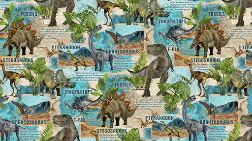 Stonehenge Prehistoric World - Dinosaurs Block Print - Per Yard - by Linda Ludovico for Northcott - Digital Print - Beige Multi - RebsFabStash