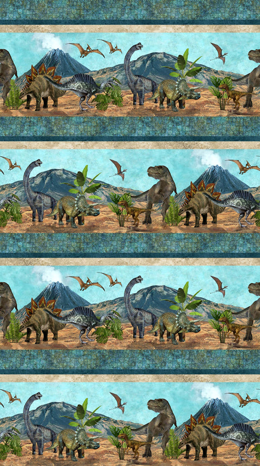 NEW! Stonehenge Prehistoric World - Dinosaurs Border Stripe - Per Yard - by Linda Ludovico for Northcott - Digital Print - Teal Multi - DP24742-68-Yardage - on the bolt-RebsFabStash