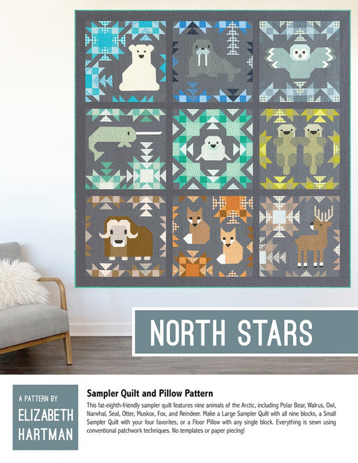 elizabeth hartman - arctic animals quilt pattern - fox, polar bear, otter, owl, narwahl, polar bear, walrus, reindeer