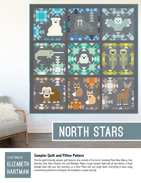 elizabeth hartman - arctic animals quilt pattern - fox, polar bear, otter, owl, narwahl, polar bear, walrus, reindeer