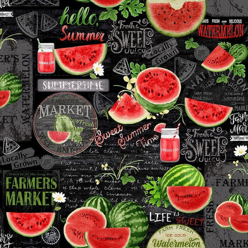 Watermelon Party - Watermelon Chalkboard - per yard - Timeless Treasures - Fruit, Watermelon, Gnomes - FRUIT-CD1920-BLACK-Yardage - on the bolt-RebsFabStash