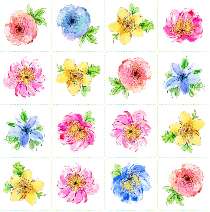 Gabriella - Stitched Flowers Blue - per yard - by P&B Textiles - Watercolor - bright, colorful - GABR04816-B