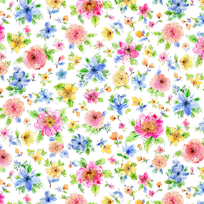 Gabriella - Small Floral White - per yard - by P&B Textiles - Watercolor - bright, colorful - GABR04814-MU