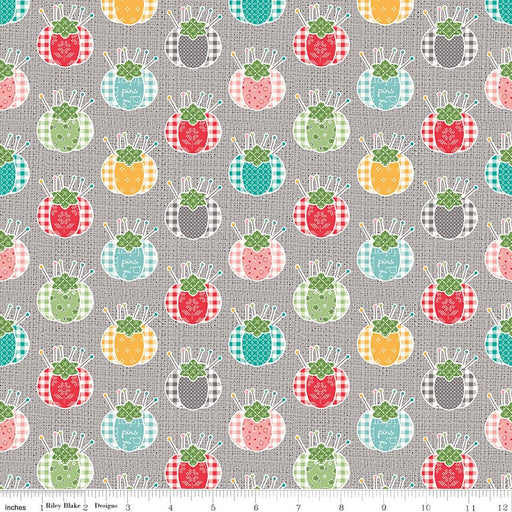 My Happy Place - Home Decorator Fabric - Pin Cushions Gray - per yard - Lori Holt for Riley Blake designs - 57/58" wide - HD11211-Decorator Fabric-RebsFabStash