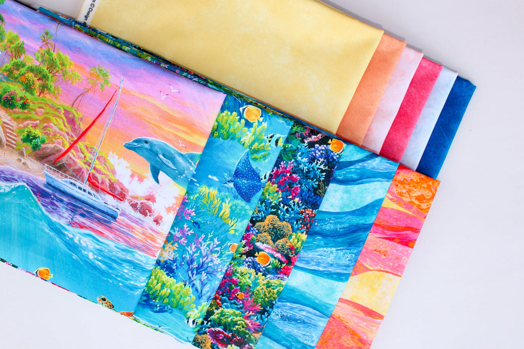 Weekend In Paradise - PROMO HALF YARD Bundle + PANEL - (10) 18" X 43" Pieces + (1) 24" x 42" Panel - By Abraham Hunter for P&B Textiles - Ocean, Sea, Water