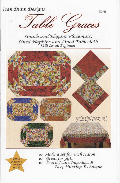 Table Graces - PATTERN - by Jean Dunn Designs for QuiltWoman.com - Simple, Elegant, Placemats, Napkins, Tablecloth - JD-01-Patterns-RebsFabStash