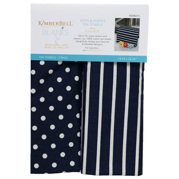 Dots and Stripes Tea Towels - Blanks - by Kimberbell Designs - Set of 2 - Navy - 18.25" x 28.25" - KDKB213