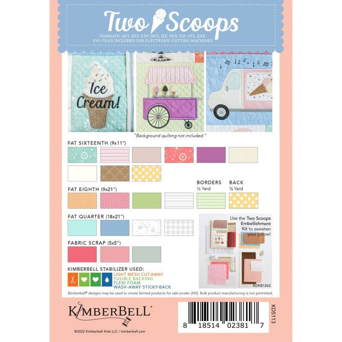 Two Scoops - Bench Pillow - EMBROIDERY VERSION PATTERN CD - by Kimberbell for Maywood Studio - KD5113