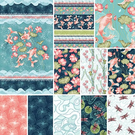 NEW! Koi Garden - Tossed Lily Pads and Dragonflies - Per Yard - by Nancy Archer for Studio e - Koi - Multi - 6029-72