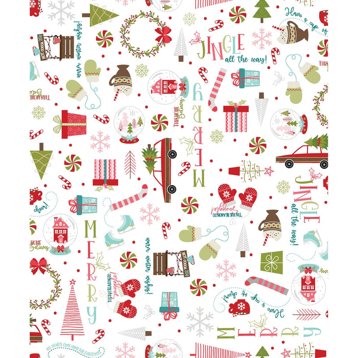 Cup of Cheer - Christmas Grafitti Print - Per Yard - by Kim Christopherson of Kimberbell - Maywood - Winter, Cheer - White - MAS10202-W