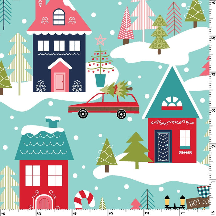 Cup of Cheer - Christmas Neighborhood - Per Yard - by Kim Christopherson of Kimberbell - Maywood - Winter, Houses - Aqua - MAS10203-Q