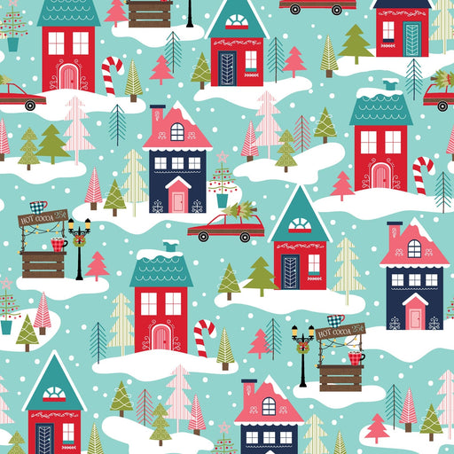 Cup of Cheer - Christmas Neighborhood - Per Yard - by Kim Christopherson of Kimberbell - Maywood - Winter, Houses - Aqua - MAS10203-Q-Yardage - on the bolt-RebsFabStash