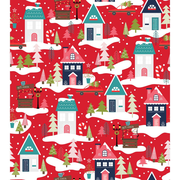 Cup of Cheer - Christmas Neighborhood - Per Yard - by Kim Christopherson of Kimberbell - Maywood - Winter, Houses - Red - MAS10203-R