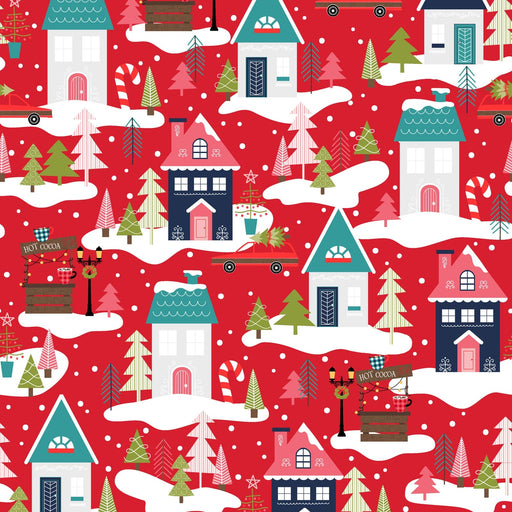 Cup of Cheer - Christmas Neighborhood - Per Yard - by Kim Christopherson of Kimberbell - Maywood - Winter, Houses - Red - MAS10203-R-Yardage - on the bolt-RebsFabStash