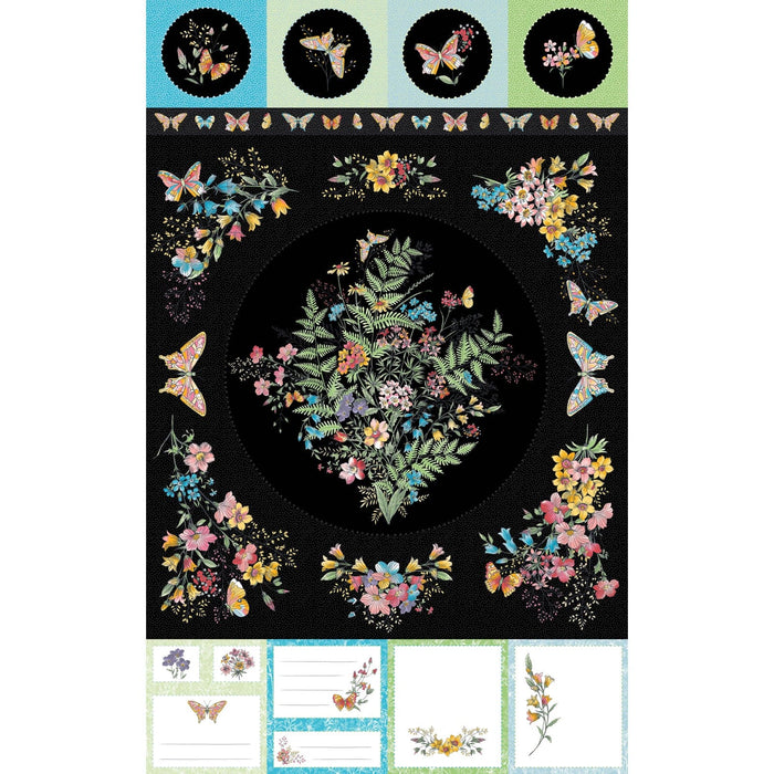 Meadow Edge - Black Panel - Per PANEL - by Maywood Studio - Floral, Butterflies - 27" x 43" panel - MASD10001-J-Panels-RebsFabStash
