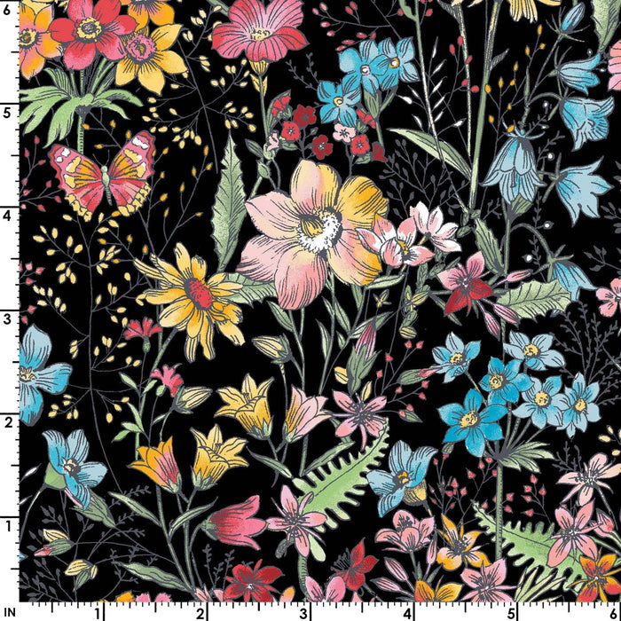Clearance! Meadow Edge - Black Panel - Per PANEL - by Maywood Studio - Floral, Butterflies - 27" x 43" panel - MASD10001-J